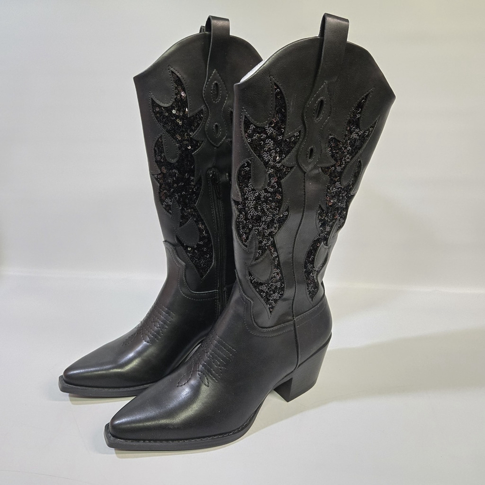 Wild Pair Lucah Black Sequin Cowboy Boot 6.5 Western Embroidered Sparkle Rodeo
